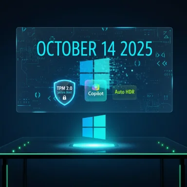 Futuristic Windows holographic display shows October 14, 2025 with TPM 2.0, Copilot, and Auto HDR.