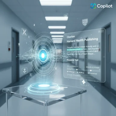 A futuristic holographic health data display hovers above a glass table in a hospital corridor.