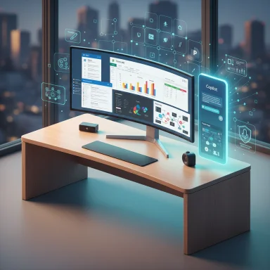 A futuristic workspace with a curved monitor and floating holographic data panels.
