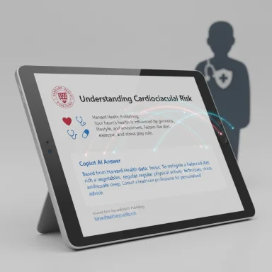 A tablet screen shows 'Understanding Cardiovascular Risk' with heart-health icons and glowing lines.