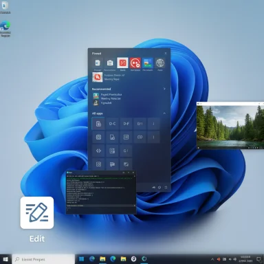 Windows 11 desktop with a Start menu panel, pinned apps, and several open windows on a blue abstract wallpaper.