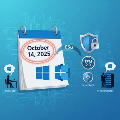 Infographic showing Windows security features on Oct 14, 2025: ESU, TPM 2.0 and Secure Boot.