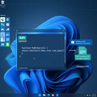 Windows desktop with a code editor window displaying a fetch function on a blue abstract wallpaper.