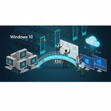 Windows 10 ESU depicted in a data center with servers, monitors, and cloud security icons.
