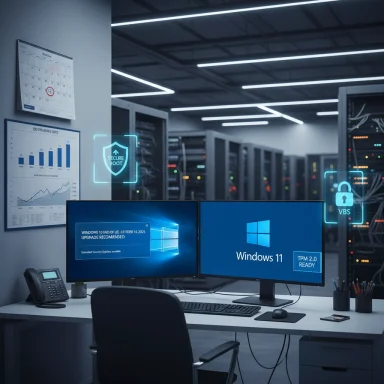 A modern data center workstation with dual Windows 11 monitors and floating security icons.