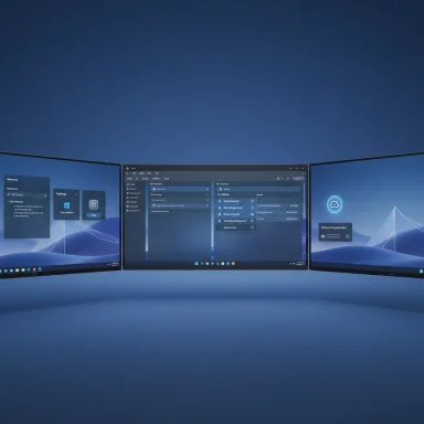 Triple curved monitor setup displaying a blue Windows-like desktop.