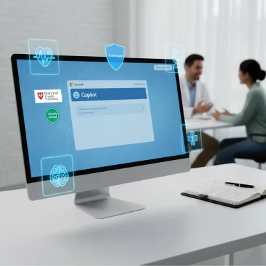 A computer monitor shows a holographic medical AI interface named Copilot with logos, as two colleagues talk.