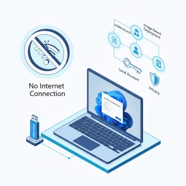 No internet connection sign beside a laptop showing a local account setup.