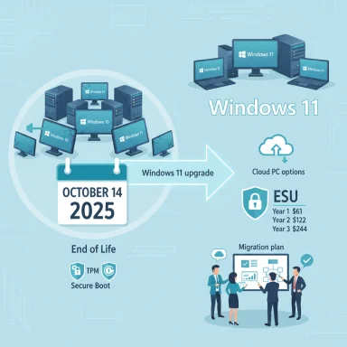 Infographic outlines Windows 11 upgrade from Windows 10, with ESU, cloud PC options, and migration plan.