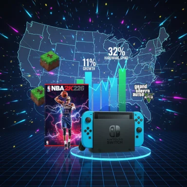 Nintendo Switch with NBA 2K22 and Minecraft blocks over a neon US map showing growth stats. Nintendo Switch with NBA 2K22 and Minecraft blocks over a neon US map showing growth stats.