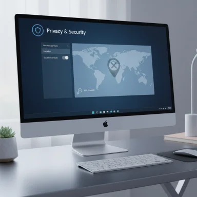 An iMac on a clean desk displays a Privacy & Security dashboard with a world map.