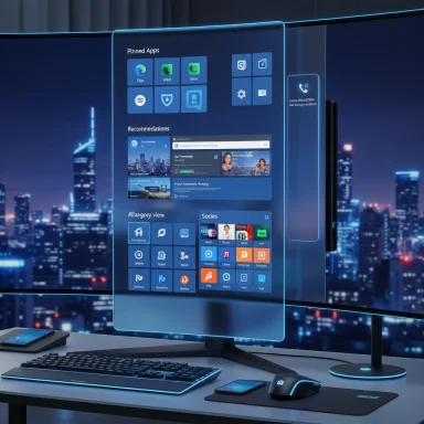 Futuristic desk with a curved glass monitor displaying a holographic app dashboard over a city-night skyline.