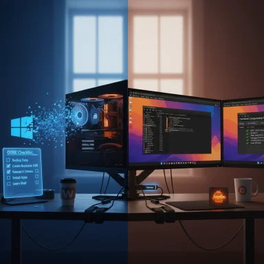 A dual-monitor desk setup split blue left and orange right, featuring a glowing PC and holographic checklist.