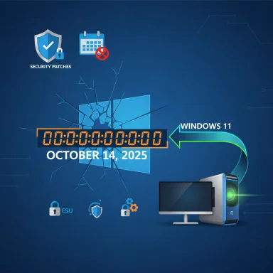 Windows 11 promo poster showing security patches icons and the date October 14, 2025.