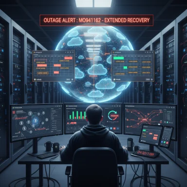 A control-room operator monitors a global outage alert across multiple dashboards.