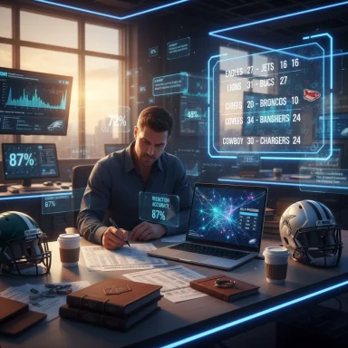 A man analyzes data in a futuristic control room with holographic screens and football helmets.