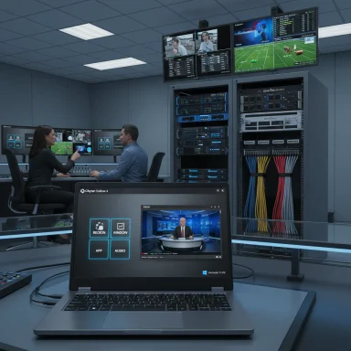 A high-tech control room with server racks and multiple screens as two professionals monitor live feeds.