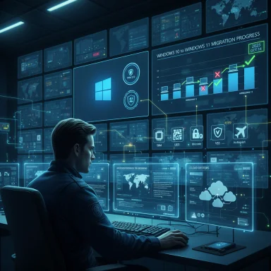 A technician monitors holographic data dashboards in a high-tech control room.