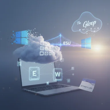 A laptop projects a glowing cloud of icons and Windows logos with neon data streams.