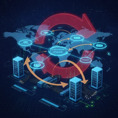 A global cloud data network with servers and interconnected apps like Outlook and Teams.