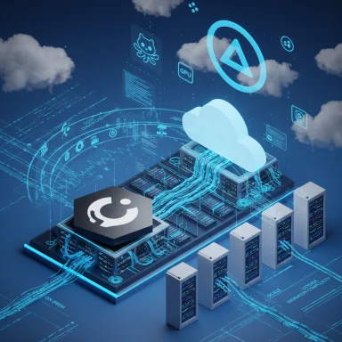 Futuristic cloud data center with holographic interfaces and glowing servers.