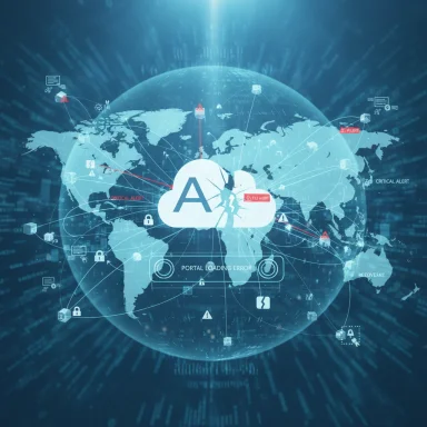 Global digital globe with AI cloud hub and security alerts.