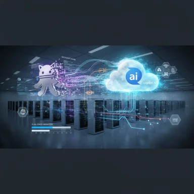 A futuristic data center featuring a cloud AI hub and a GitHub Octocat figure.