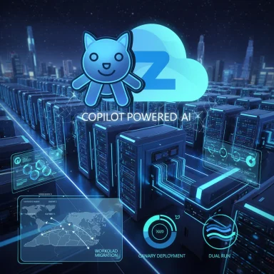 A futuristic data center with a blue Copilot AI logo and glowing holographic dashboards.