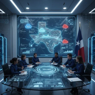 Futuristic command center with a holographic Brazil map and a blue-uniform team around a glass table.