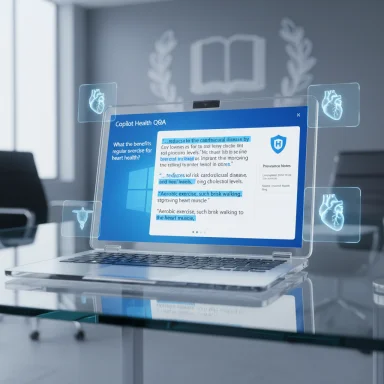 A futuristic laptop on a glass desk shows a Copilot Health Q&A screen with holographic heart icons.