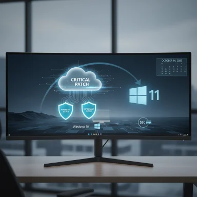 A computer monitor on a desk shows a Windows 11 critical patch graphic with a cloud and shield icons.