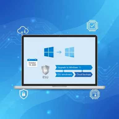 Laptop screen displays a Windows 11 upgrade plan with ESU enrollment and cloud backups.