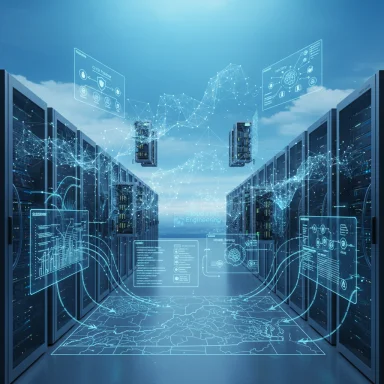 Futuristic data center with holographic dashboards over rows of servers.