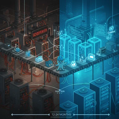 Split data center: dark left side and neon blue right, with a mascot on the conveyor.