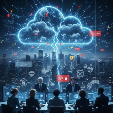 IT professionals monitor cloud security and cyber threats from a neon-lit command center.