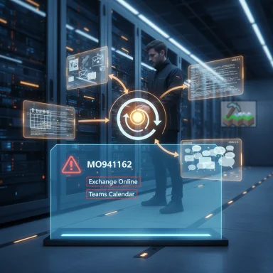 Tech professional monitors cloud infrastructure with holographic dashboards in a data center.