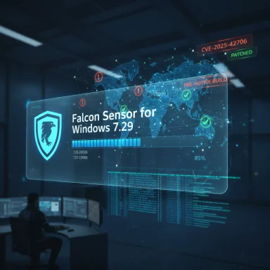 A futuristic security dashboard displays Falcon Sensor for Windows 7.29 with patch status and a world map.