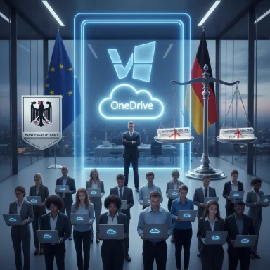 Futuristic office scene featuring OneDrive cloud logo, flags, and a crowd of laptop-wielding professionals.