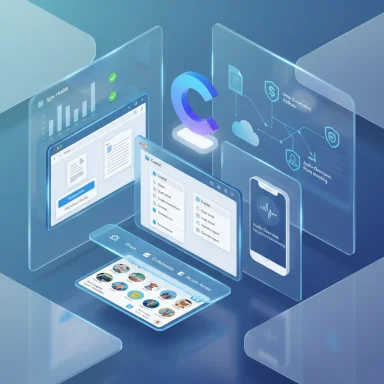 Futuristic holographic dashboards illustrate data governance, health analytics, and collaborative tools.