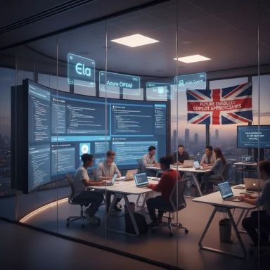 A glass-walled, futuristic team room where people code on laptops beneath holographic dashboards.