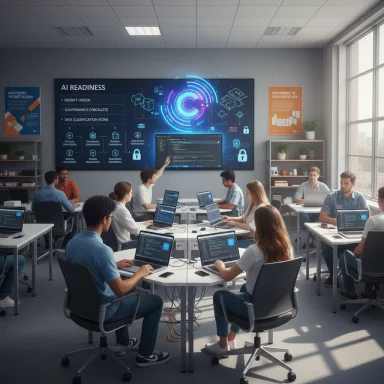 Students in a modern classroom work on laptops as an instructor explains AI on a large wall screen.