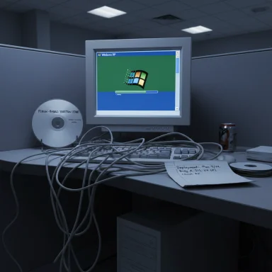 An old Windows XP PC in a cluttered cubicle with tangled cables, a loading screen, CD, and a soda can.