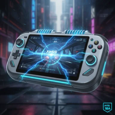 Futuristic handheld gaming console glowing with blue neon energy.
