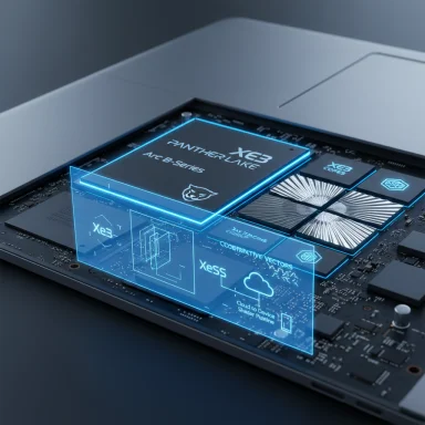 Close-up of a futuristic processor with blue holographic panels labeled Xe3 and Pantherlake.