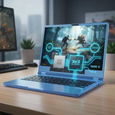 A futuristic laptop displays neon circuit graphics over a fantasy forest battle on screen.