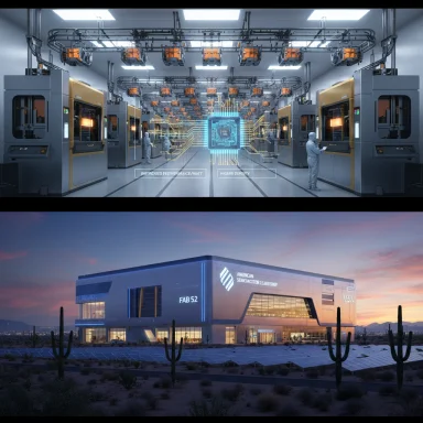 A futuristic semiconductor factory interior above a sleek desert research facility.