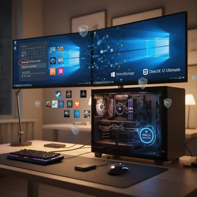 A clean gaming setup with dual ultrawide monitors, a PC tower with blue LED, keyboard and mouse.