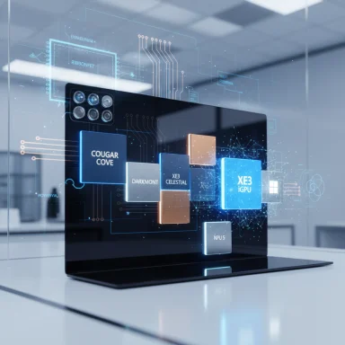 A futuristic holographic diagram of GPU architecture projected from a laptop.