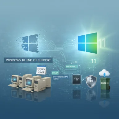 Illustration of Windows 10 end of support, transitioning to Windows 11 with old PCs.