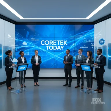 Corporate team presents in a high-tech briefing room with a large screen displaying CORETEK TODAY.